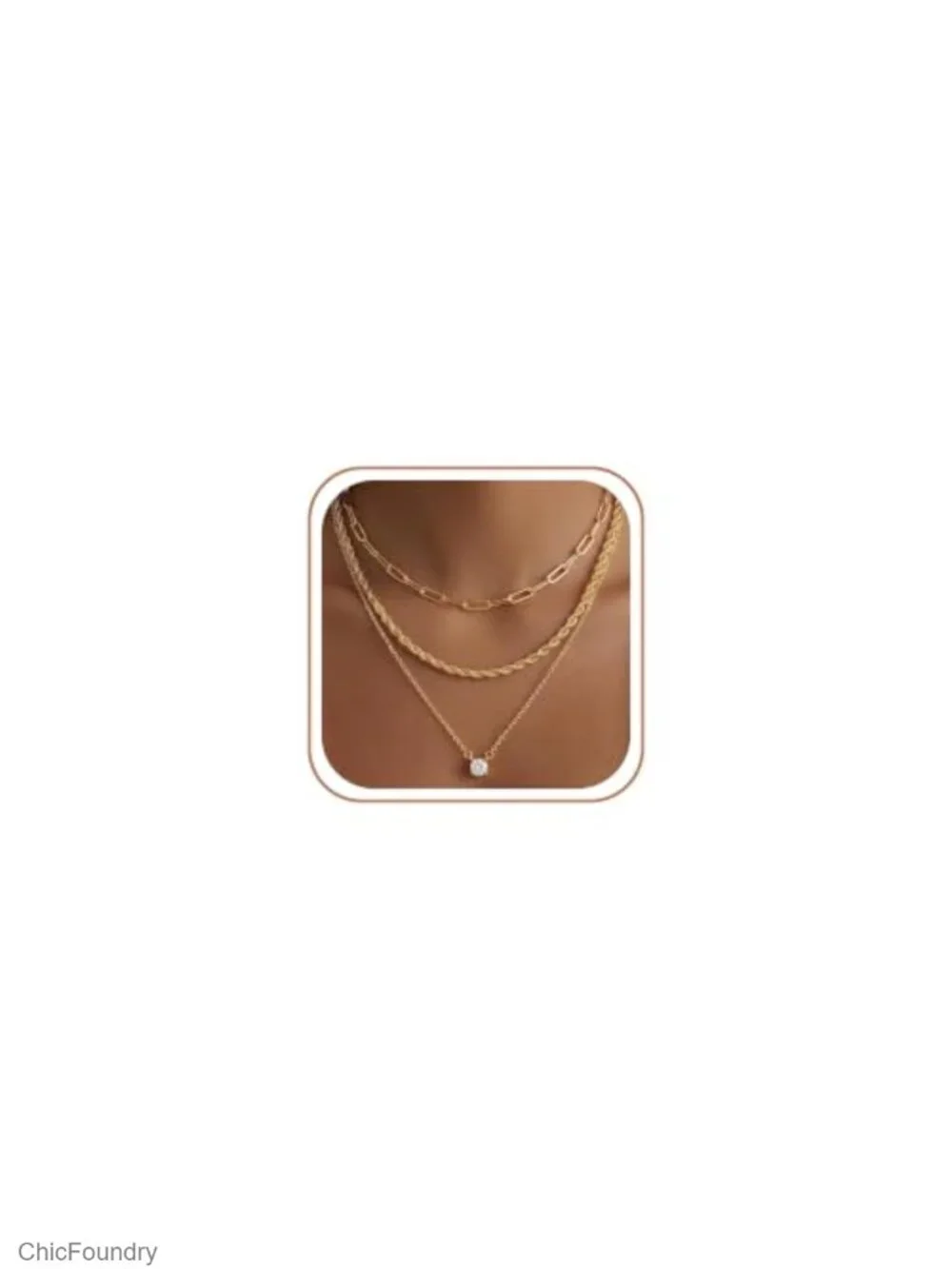 Layered Gold Plated Necklace Set 14k Paperclip Chain Stack Dainty CZ